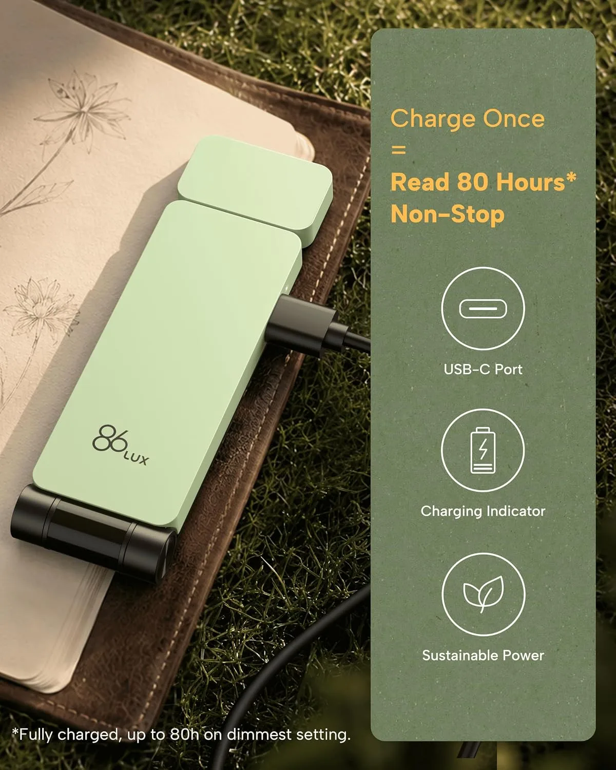 86lux Book Light, Rechargeable Clip-On LED Reading Light for Bed