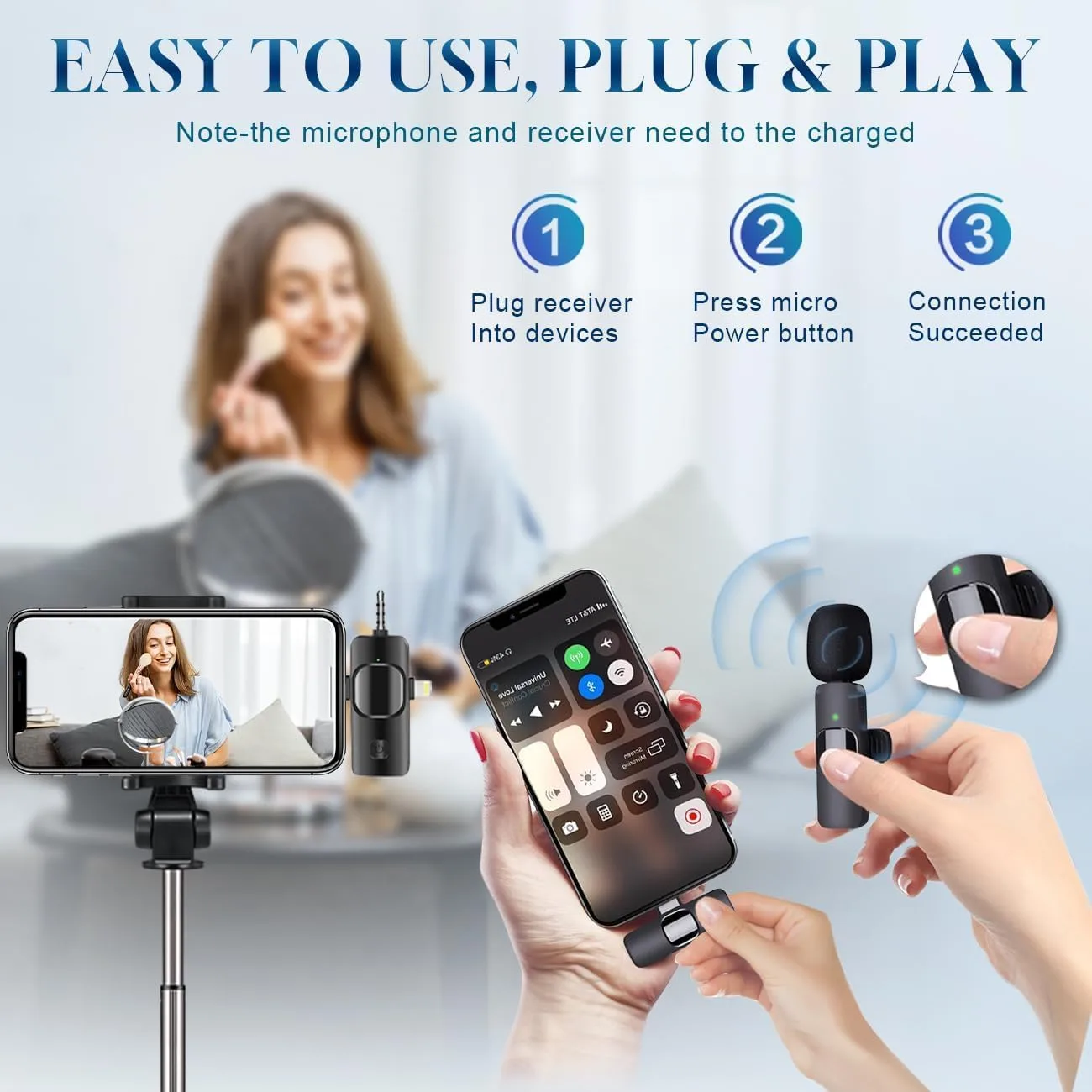 3 in 1 Wireless Lavalier Microphone for iPhone, iPad, Android, Camera,12-Hour Battery, mini Noise Reduction Recording Mic 2.4G Ultra-Low Delay, Microphone for Vlog/ TikTok/YouTube Live Stream( 2 Mic)