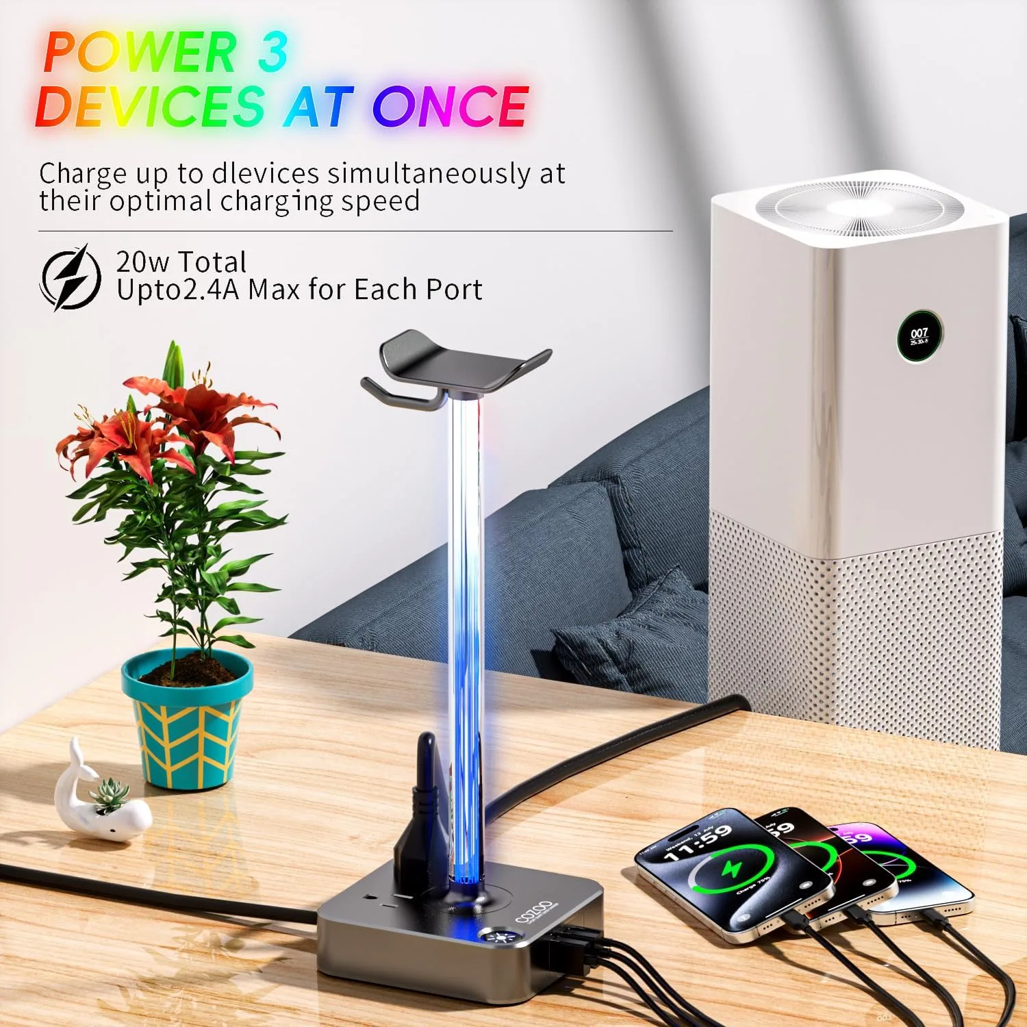 cozoo Headphone Stand with Charger, USB C, Gifts for Gamers Men, Gray Pro