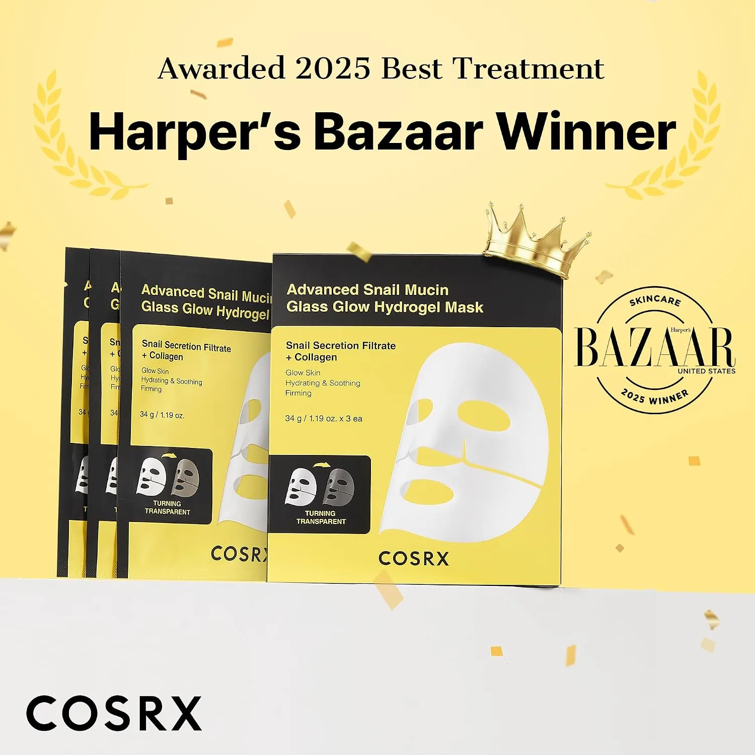 COSRX Advanced Snail Mucin Glass Glow Hydrogel Face Masks Skincare 3 EA