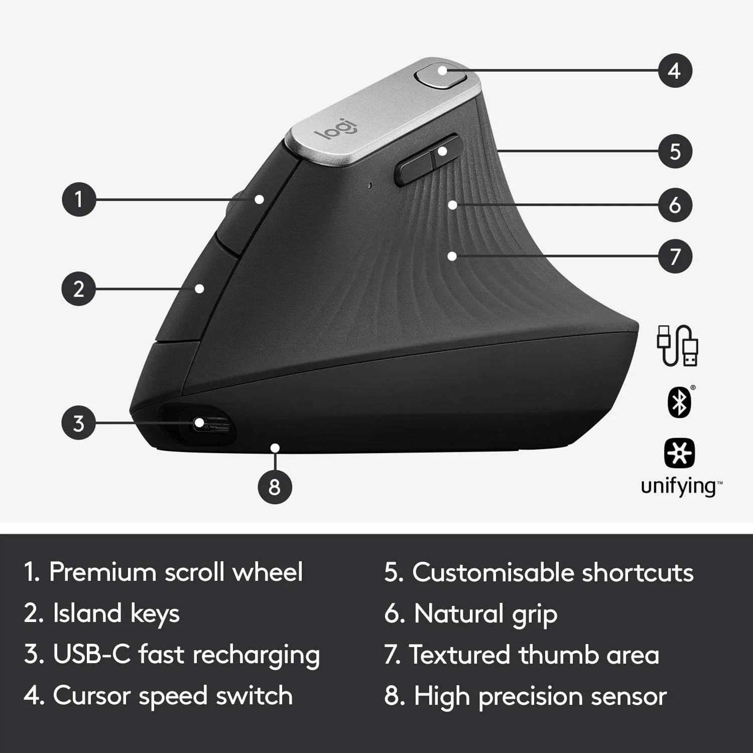 Logitech MX Vertical Wireless Mouse Ergonomic Design - Graphite