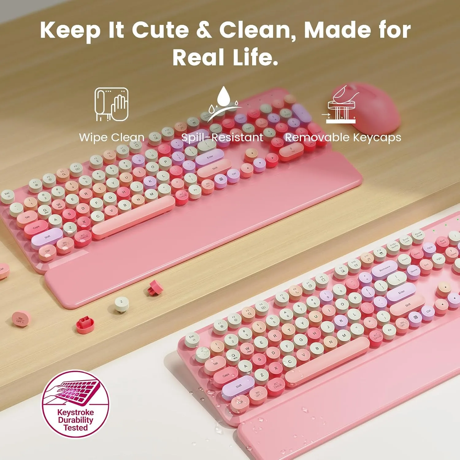 Wireless Keyboard and Mouse Combo, Magnetic Wrist Rest, Round Keycaps, Pink