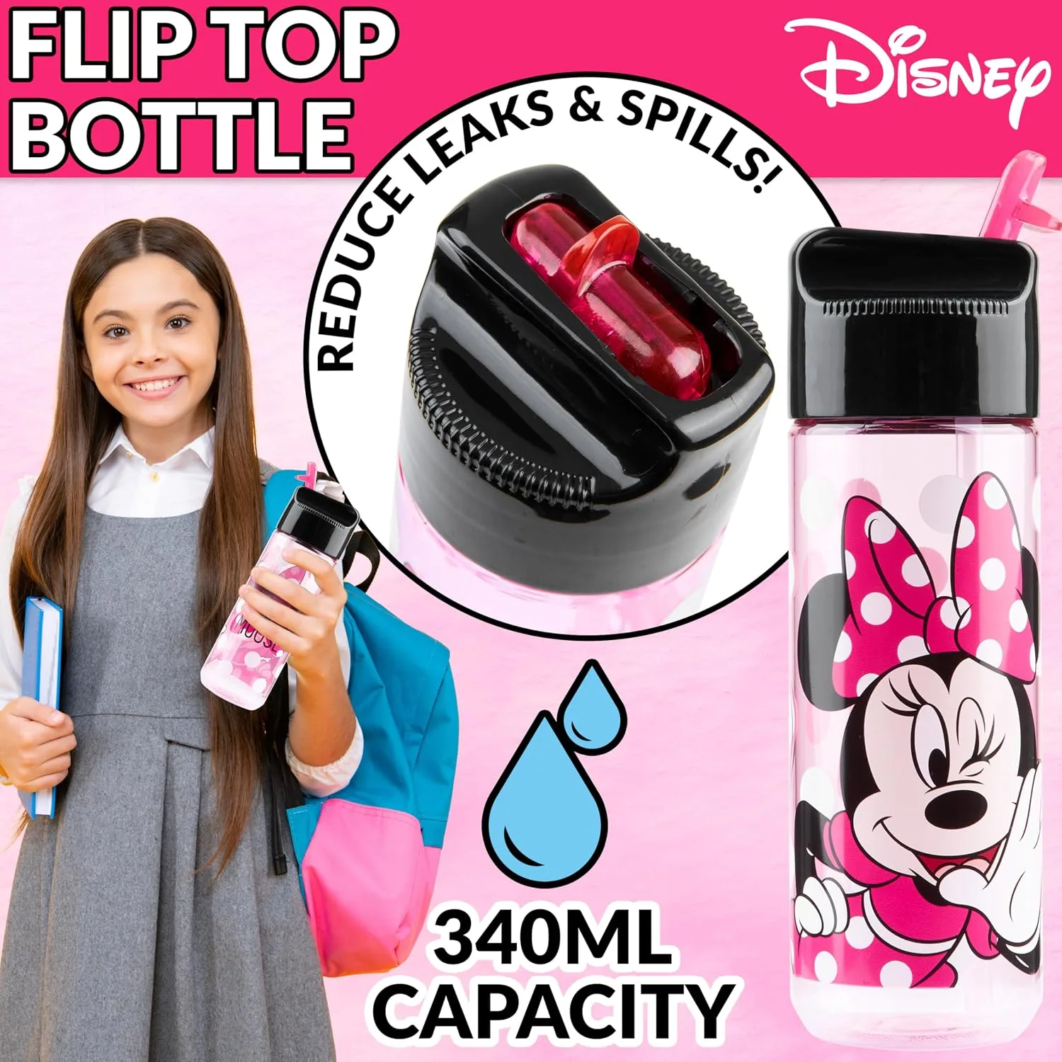 Disney Minnie Mouse Kids Lunch Box with Compartments and Water Bottle with Straw (Pink)