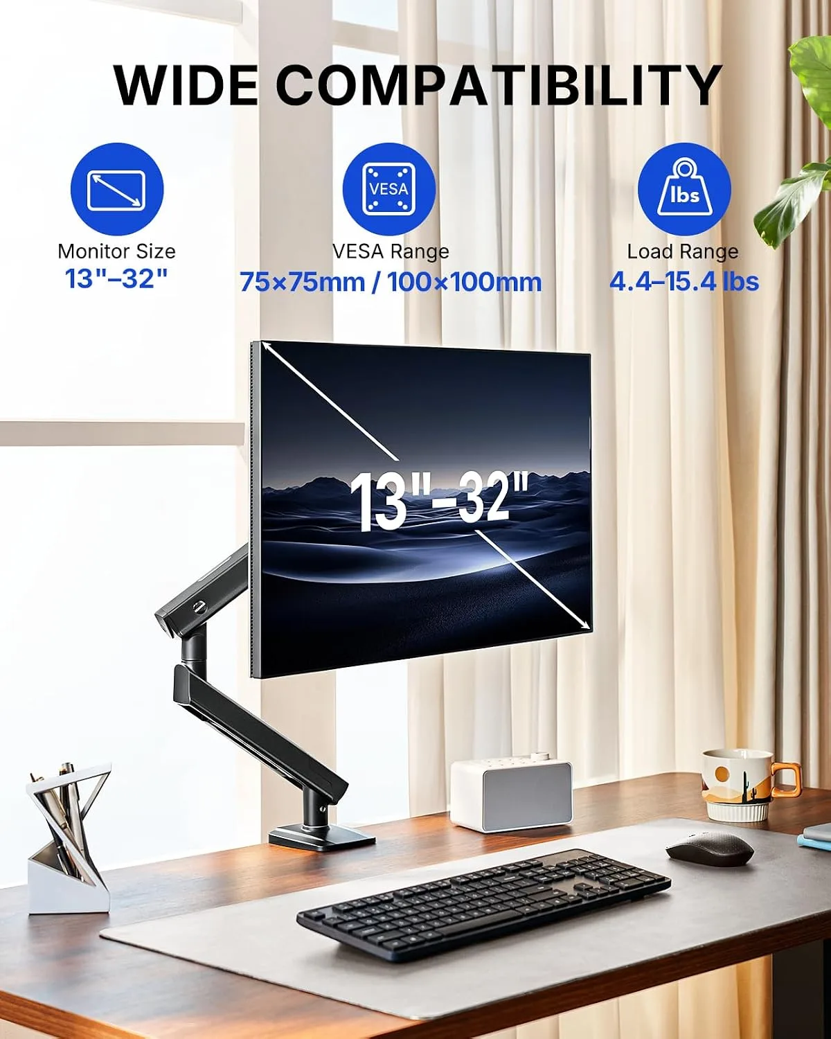 HUANUO FlowLift™ Pro Monitor Arm for 13–32" Screens, MechaSpring Monitor Mount, Fully-Adjustable Monitor Stand with Tilt/Swivel/Rotation, Tool-Free VESA Mount, C-Clamp/Grommet Base, Max Load 15.4 lbs