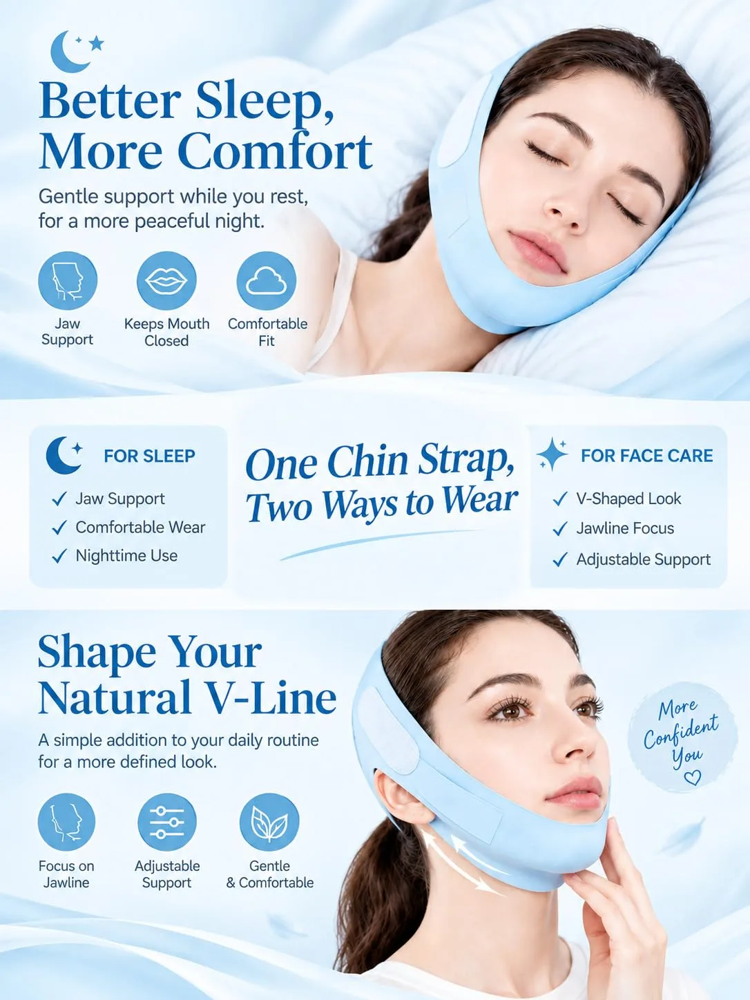 V Line Lifting Mask Chin Strap for Sleeping, Face Lifting Strap, Chin Strap, V Line Mask, Jawline Shaper, Jaw Strap, Double Chin Reducer, Face Lift Tape & Snoring Solution (Blue)