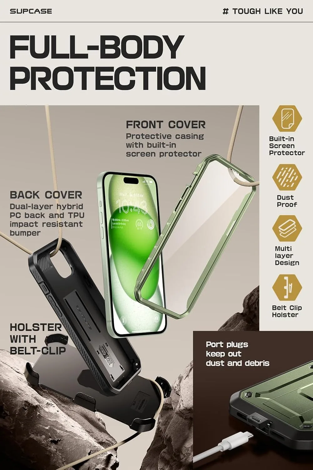 SUPCASE for iPhone 15 Case with Kickstand & Screen Protector, Green