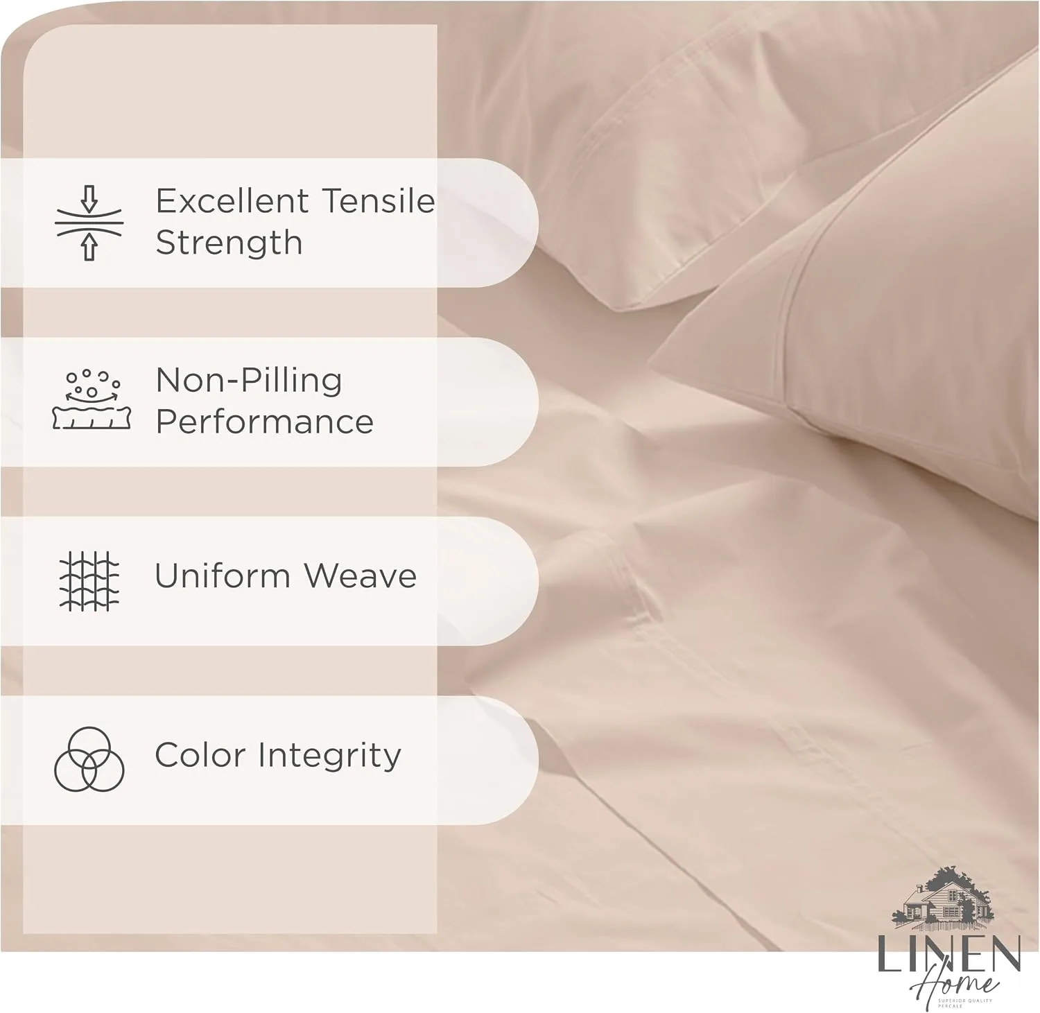 Linen Home 100% Cotton Percale King Sheets, 4 Pc Cooling Set - Sand Shell