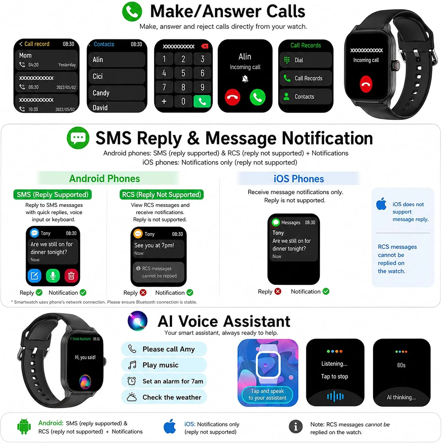 Smart Watch, GPS & Free Maps, 1.96" HD Screen, AI, Bluetooth Call & Text