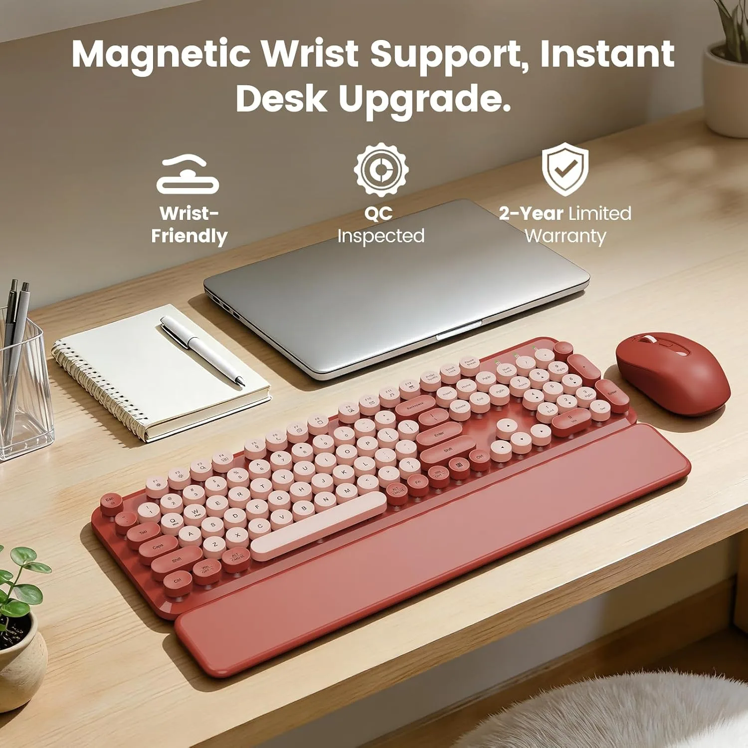 Wireless Keyboard Mouse Combo, Magnetic Wrist Rest, Round Keycaps, Wine Red