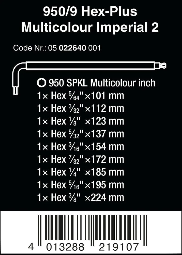 Wera 950/9 Hex-Plus Imperial L-Key Set, Ball End, 5/64-3/8", 9 Pc