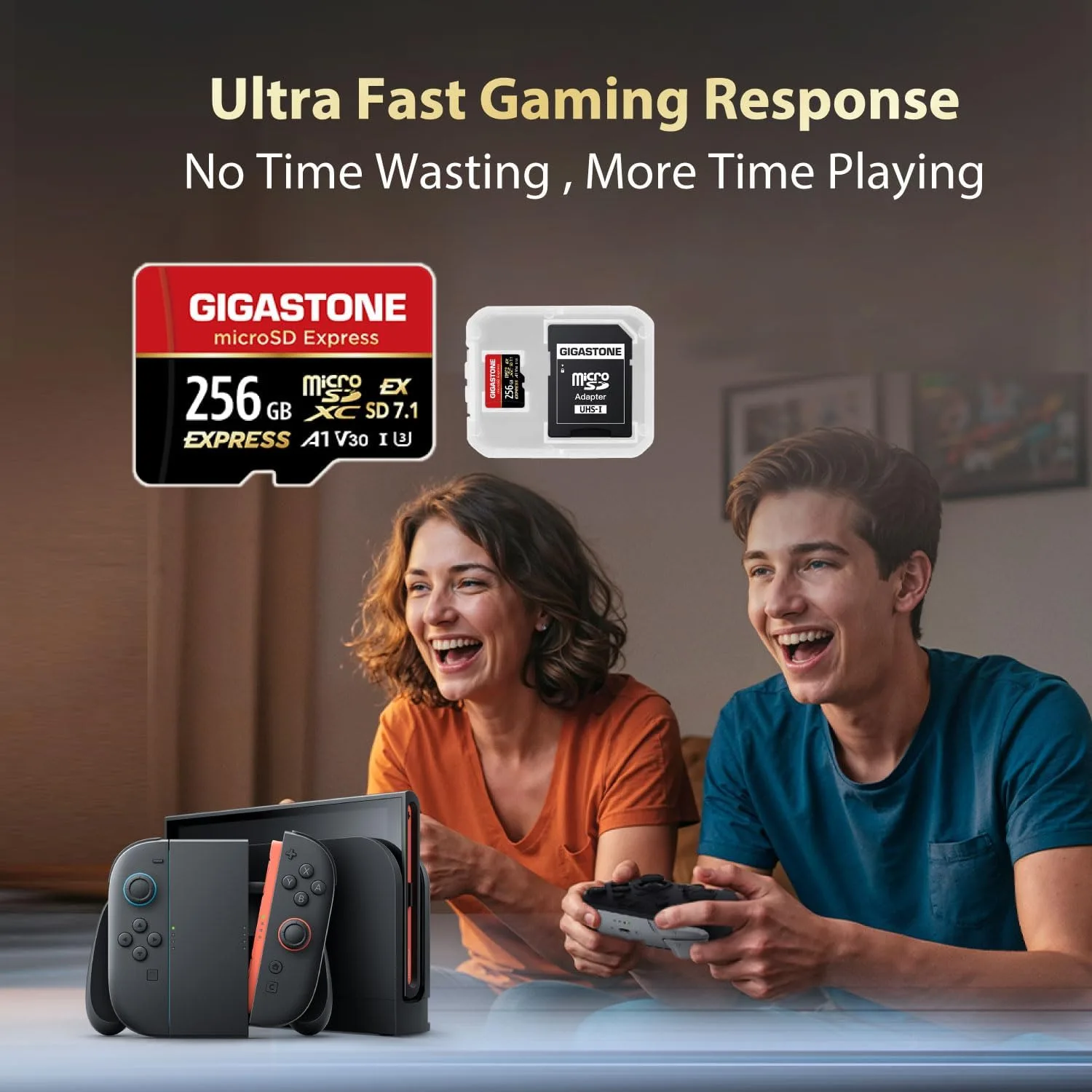 【Designed for Switch 2】 GIGASTONE 256GB microSD Express R/W 880/650MB/s SDXC Memory Card SD 2.0 3.0 5.0 7.1 UHS-I UHS-II, Action Camera Drone, V30 U3, SD Adapter 【5 Yrs Free Data Recovery】