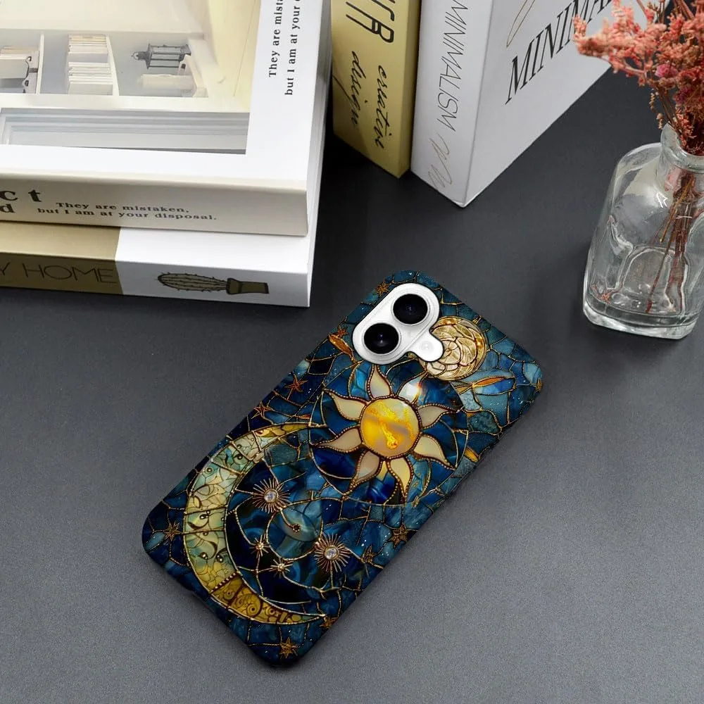 Case Compatible with iPhone 17,Fall Prevention Hybrid 2-Layer Hard Shell Phone Cover for Girls Boys,Sun Moon Celestial Glass