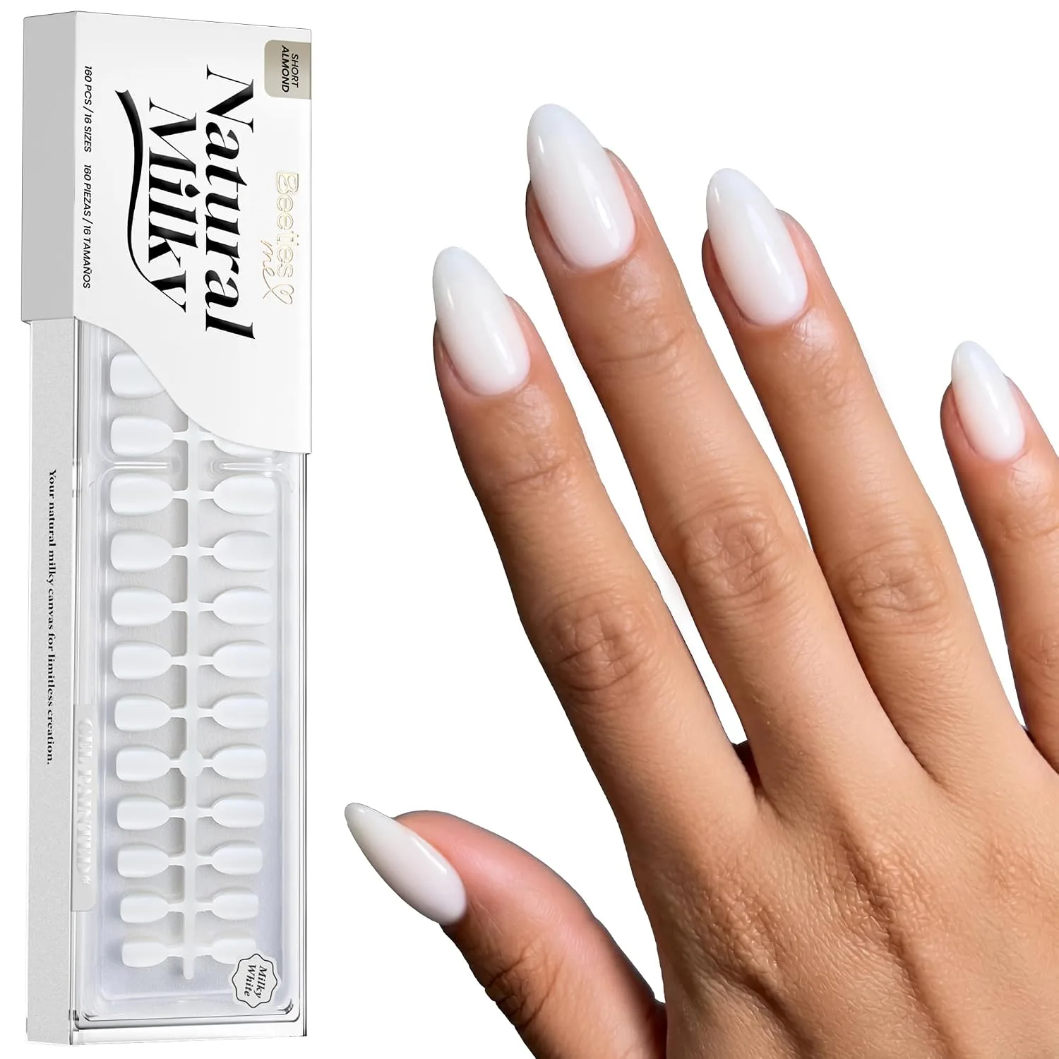Beetles Milky White Press on Nails Short Almond Fake Nails 160PCS DIY