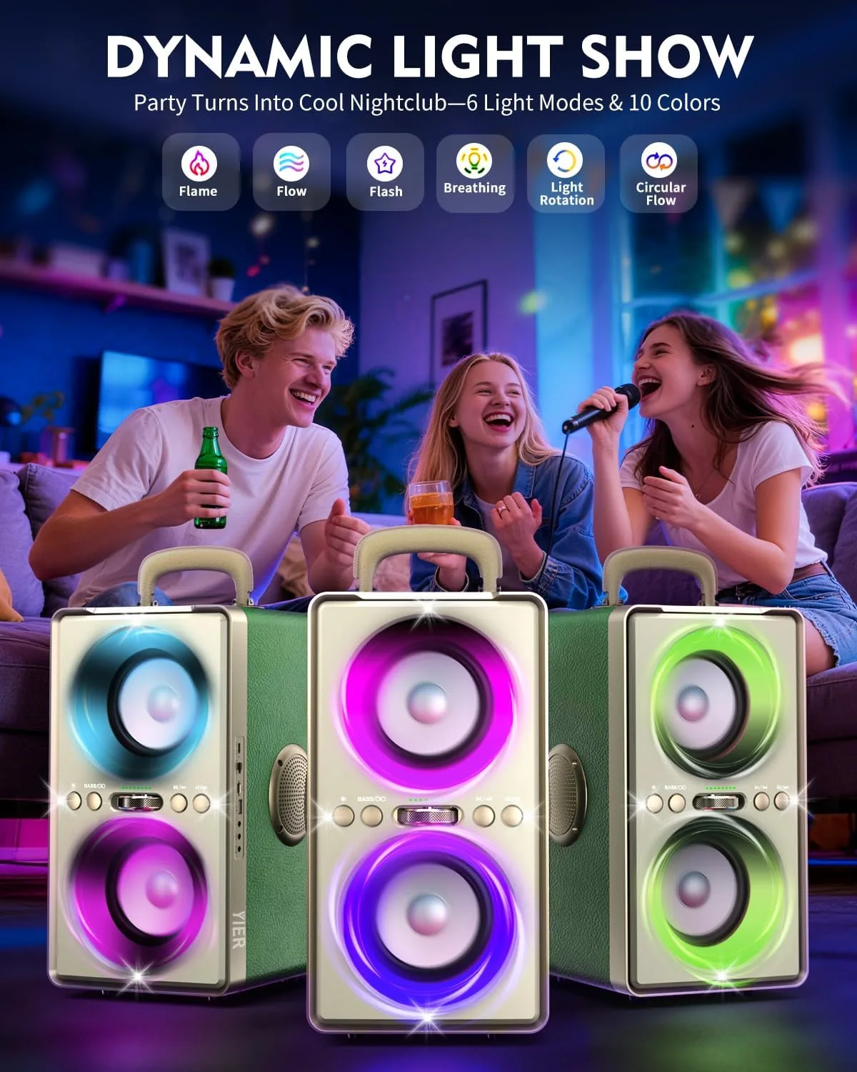 YIER Bluetooth Speaker, 240W Peak Loud Party Speaker with Deep Bass, Green