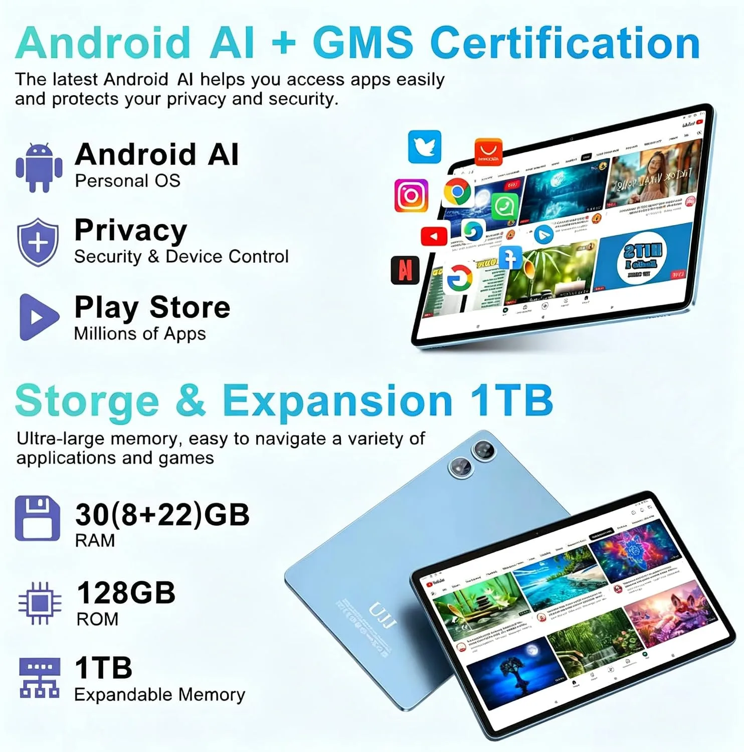 2026 Tablet 10 Inch Android Tablet with Keyboard, 30GB+128GB+1TB Expand | Gemini AI Octa-Core Electronics Tablets, 2-in-1 Tablets PC, 5G WiFi, 8000mAh, Widevine L1, GPS, Metal Body - Blue Case