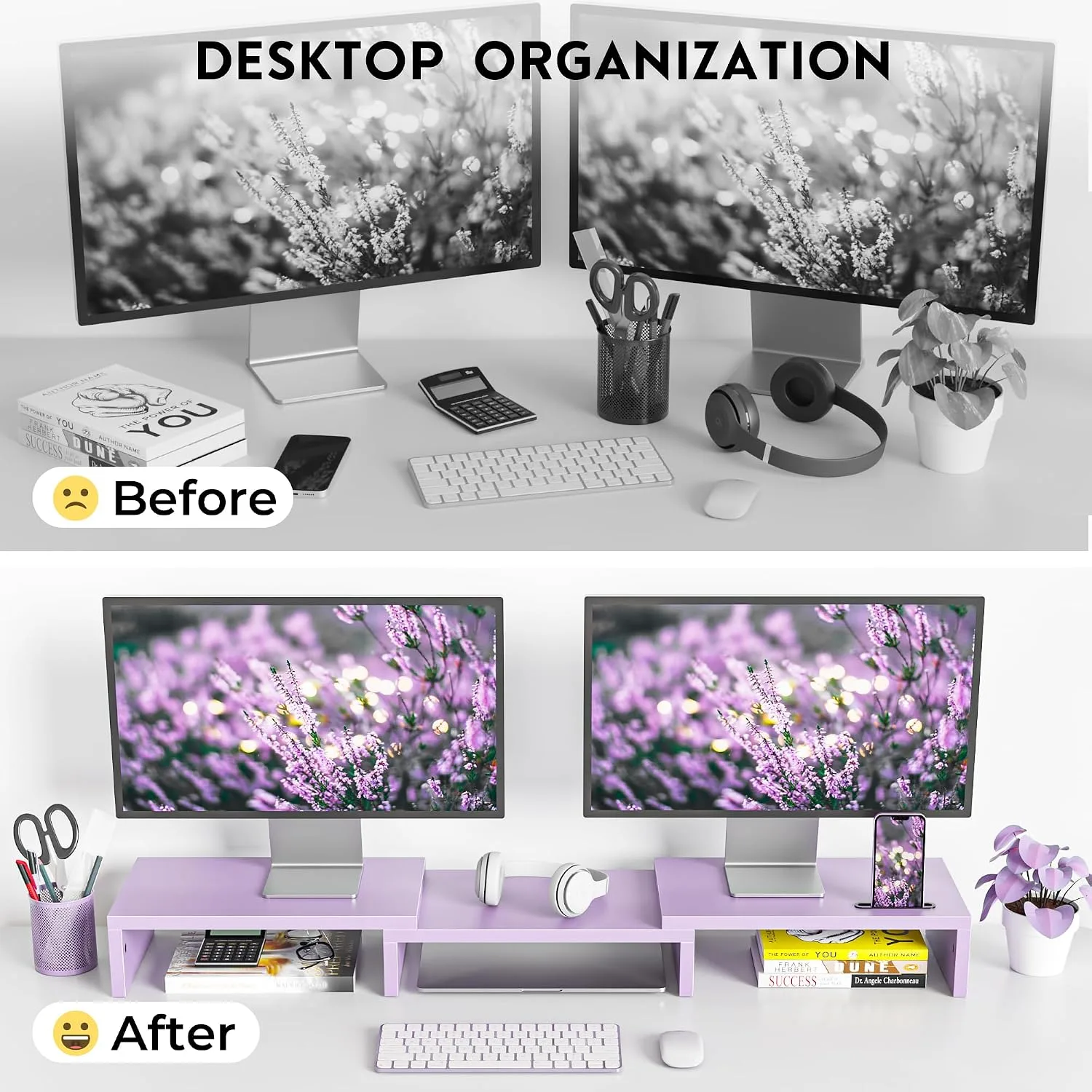 BONTEC Dual Monitor Stand Riser, Adjustable Length & Swivel Angle, Purple