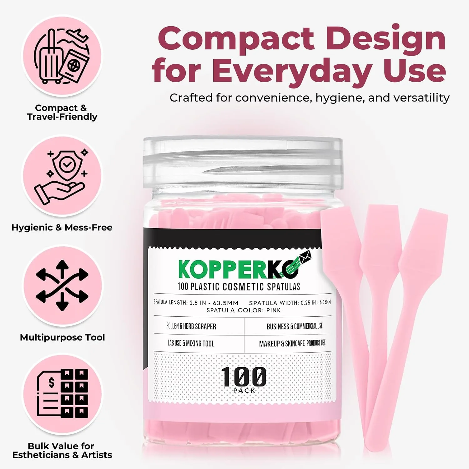 Kopperko Cosmetic Spatulas, 2.5 Inch, 100 Pack, Pink