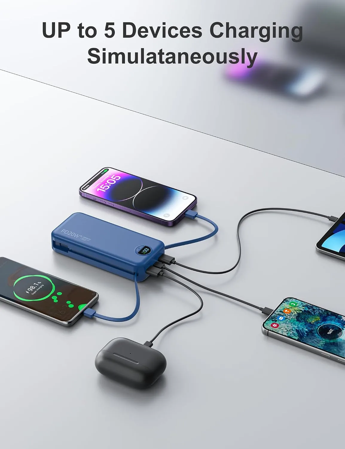 Portable Charger Power Bank 20000mAh with Built in Cables & Wall Plug
