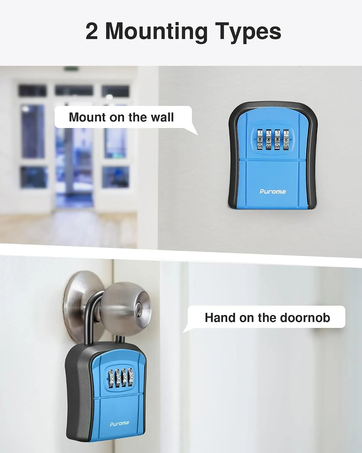 Puroma Key Lock Box Outdoor 4 Digit Code Combination Lockbox House, 1 Blue