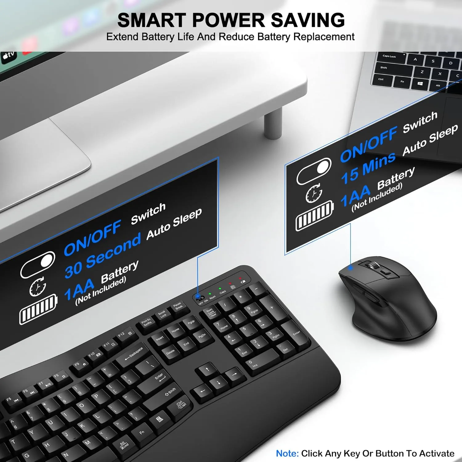 Wireless Keyboard and Mouse Combo, 2.4G Ergonomic Wave Keys(Black)