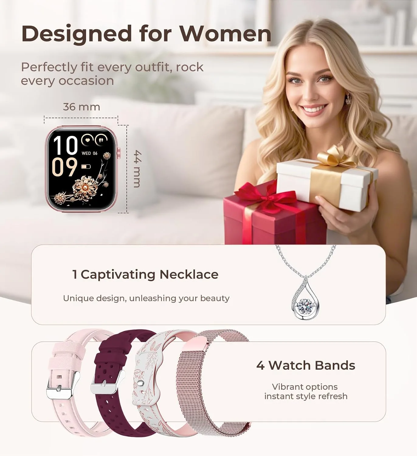 Iaret Smart Watch for Women, 1.83" HD Fitness Tracker with 4 Bands, Answer/Make Calls, Heart Rate/Sleep/SpO2/Step Tracking, 100+ Sport Modes, Android/iPhone Compatible Gift (Purple Gold)
