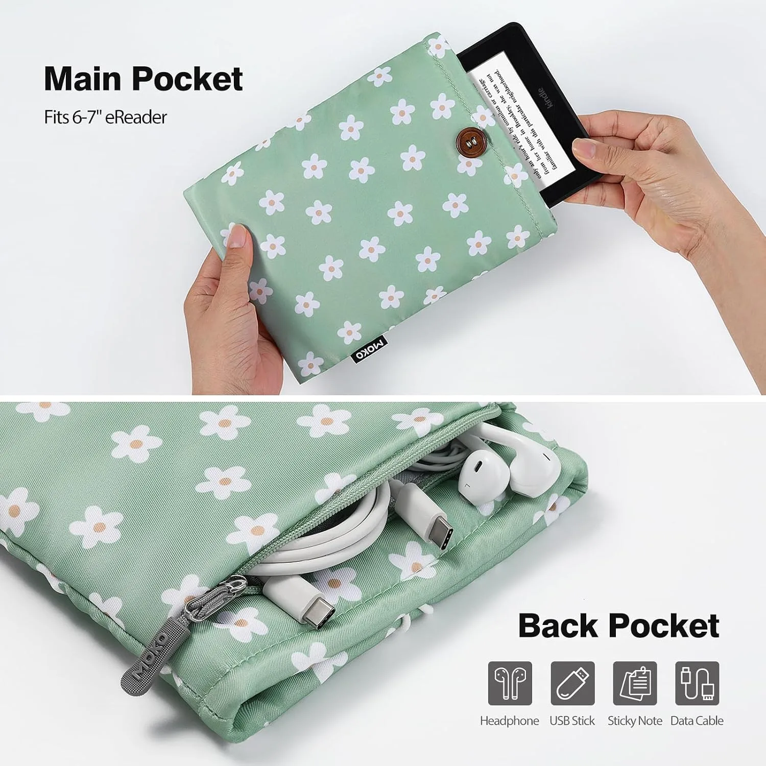 MoKo 6-7 Inch Embroidered Daisy Padded E-Reader Sleeve Zippered Bag with Back Pouch for Most 6/6.8/7 inch E-Reader, 6" Nook Glowligt 4, 6" Kobo Clara BW/Clara Colour, Green Flowers