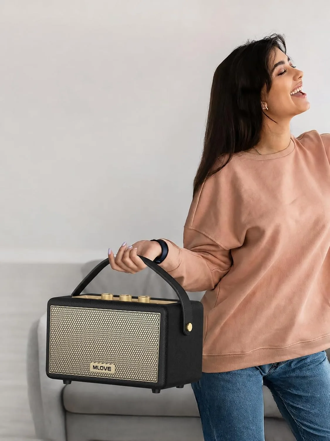 MLOVE A200 Portable Retro Bluetooth Speaker with Aux Input, USB Port, Micro SD Card Slot - Decorative Wireless Bookshelf Speakers Battery Powered, House Warming Gifts for New Home, Black and Gold