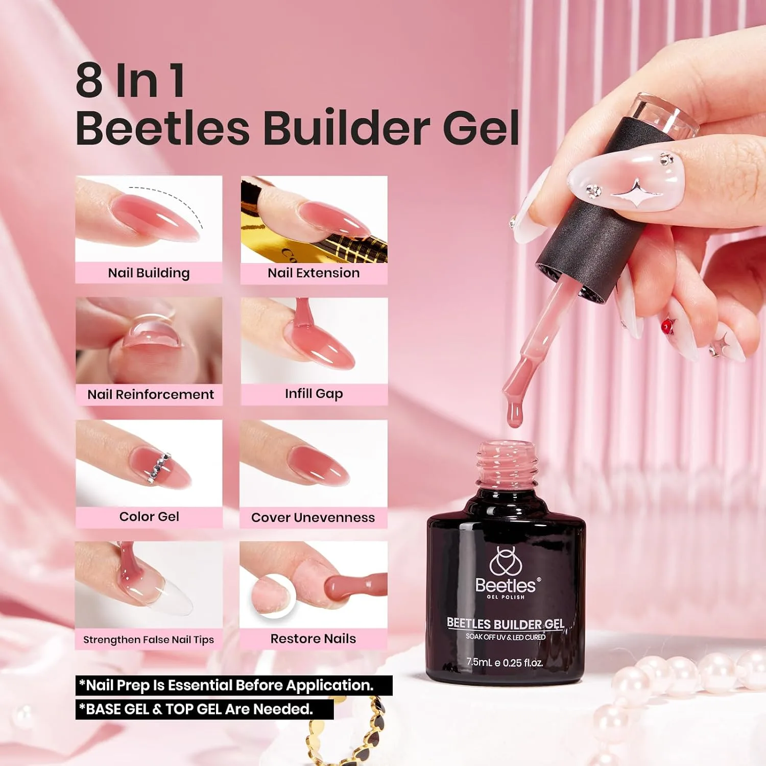 Beetles Builder Gel Set, 6 Colors Jelly Clear Pink Nude Building Gel, 8 in 1 for Instant Apex Thickening, Strengthening Weak Nails & Extension, Beginners DIY Salon at Home Gifts, UV LED Lamp Needed