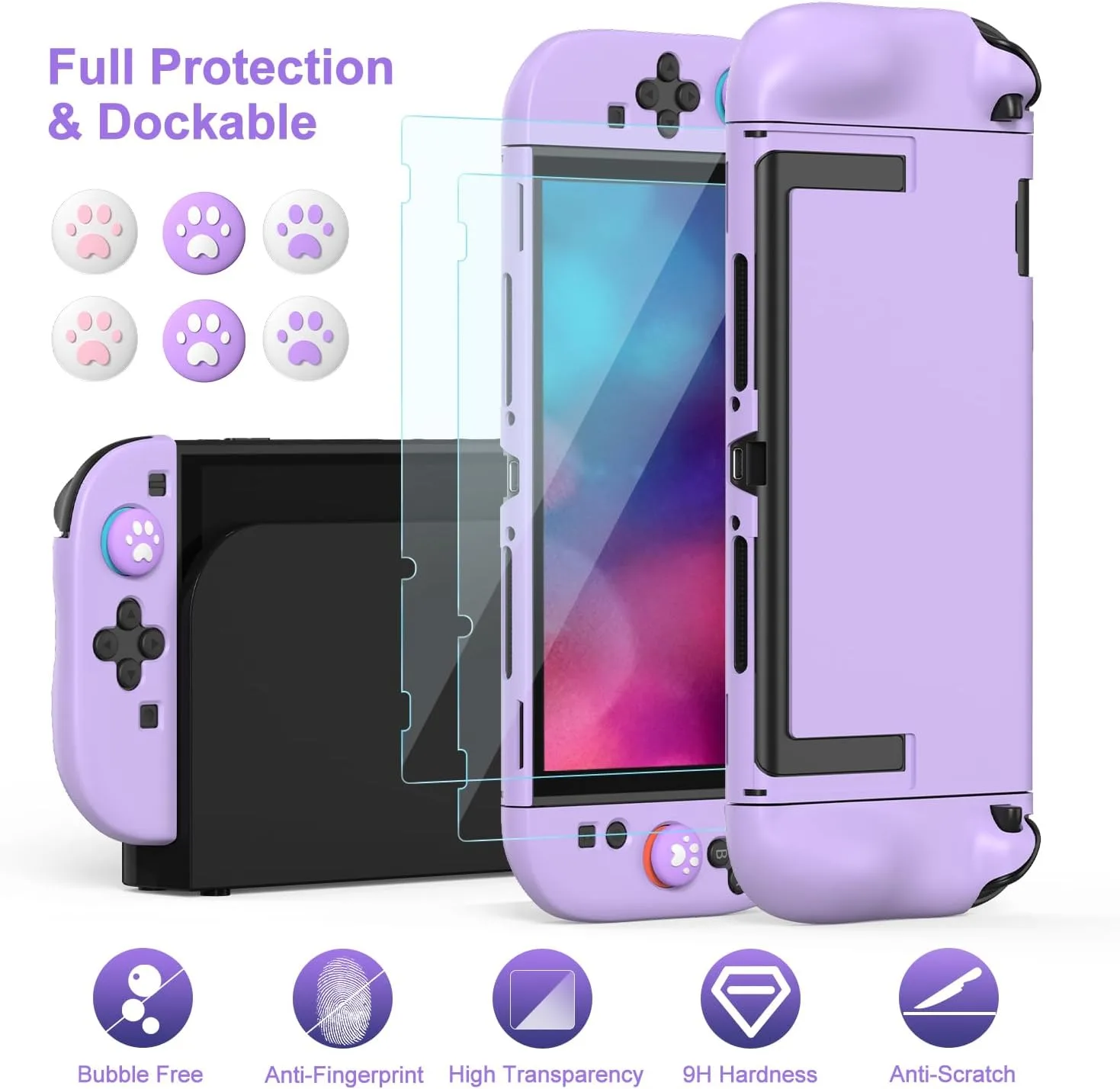 innoAura Switch 2 Case 14-in-1 Bundle for NS Switch 2 (2025), with Carrying Case, Protective Cover, Thumb Grips, Screen Protector, Cute Pendant and Sticker, Purple