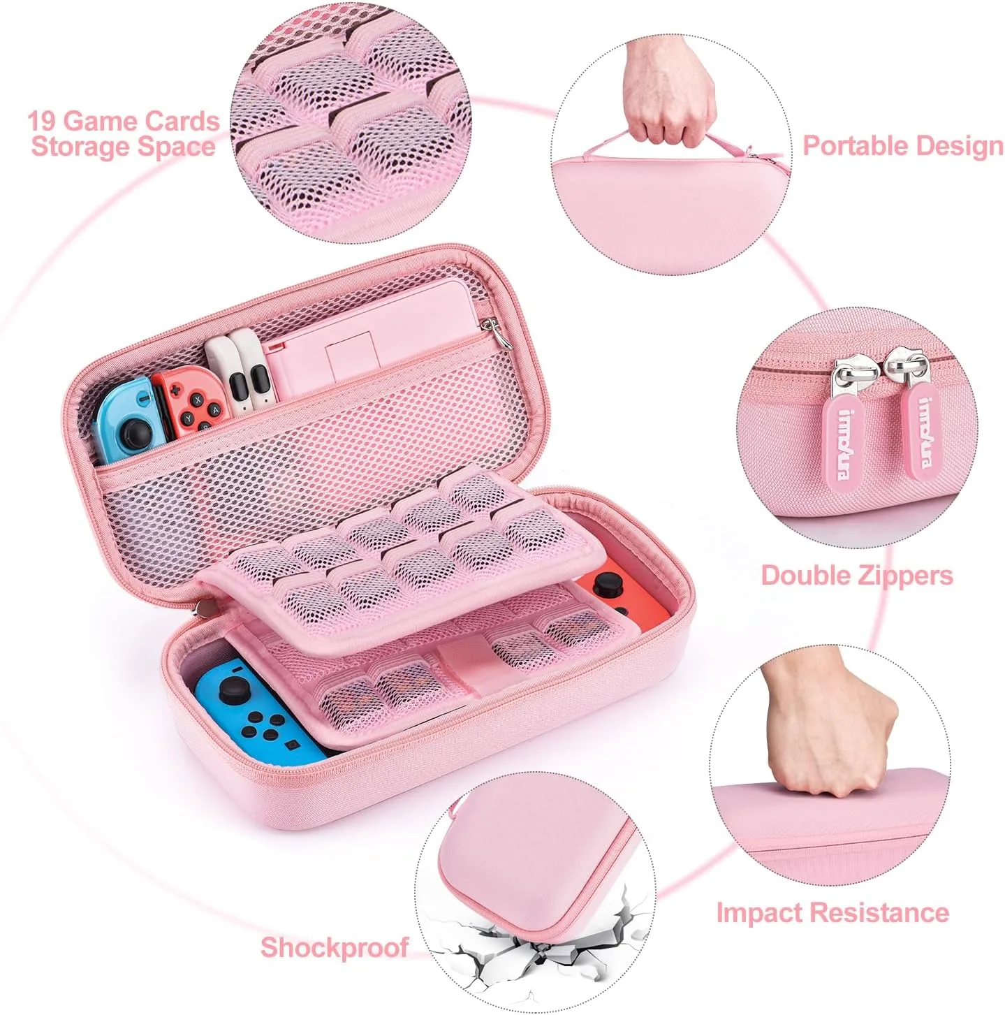 innoAura Switch Case 19-in-1 Bundle for NS Switch (2017), with Carrying Case, Game Organizer, Screen Protector, Stand and Thumb Grips, Pink