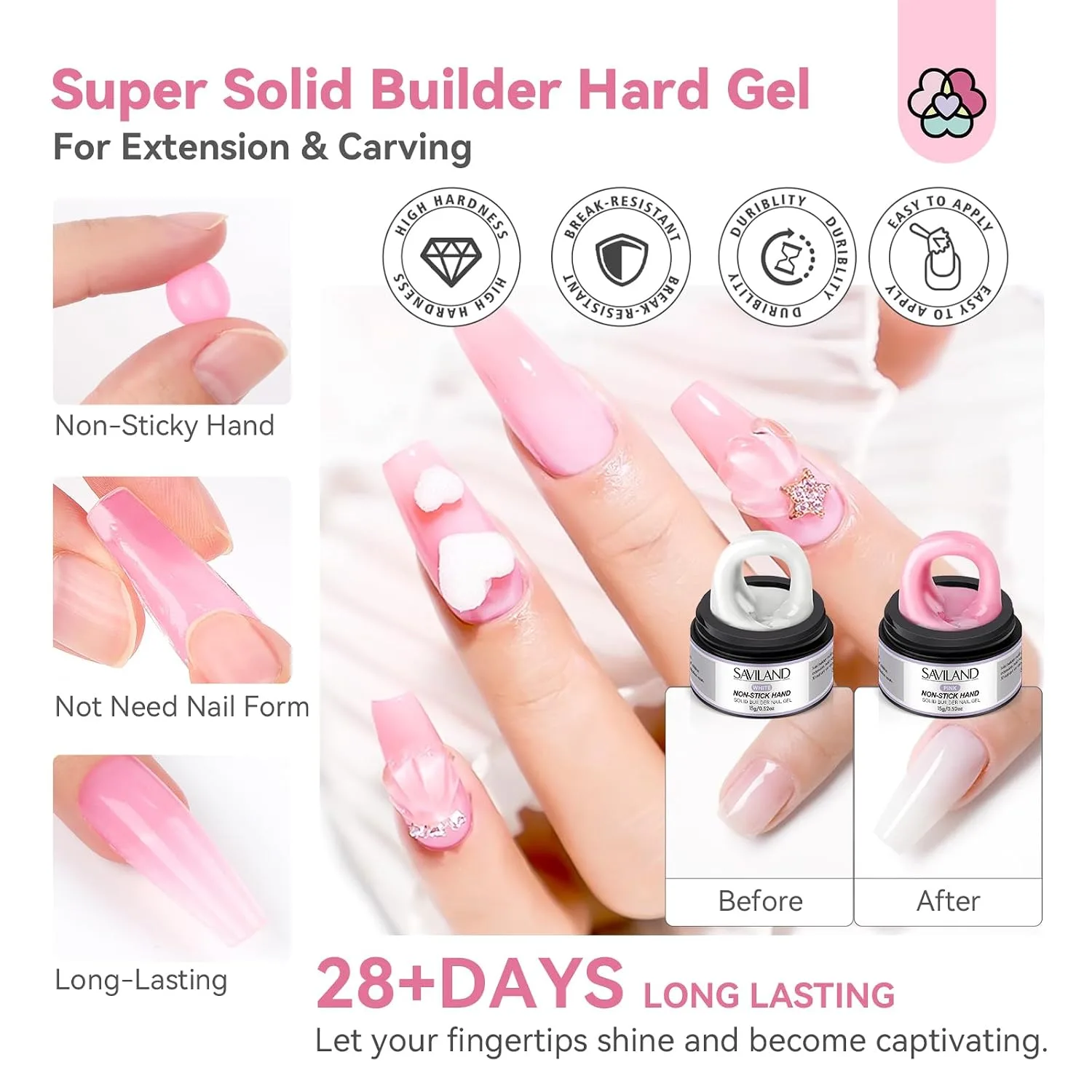 SAVILAND Non Sticky Solid Builder Nail Gel Kit Clear Nude White Pink