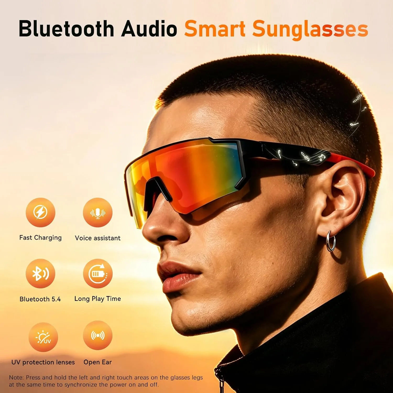 Smart Sports Sunglasses for Men/Women, Bluetooth Glasses for Cycling Running Driving, UV400 Polarized Lenses, Bluetooth 5.4, 6-8H Playtime, Outdoor UV Protection and Voice Control (Orange)