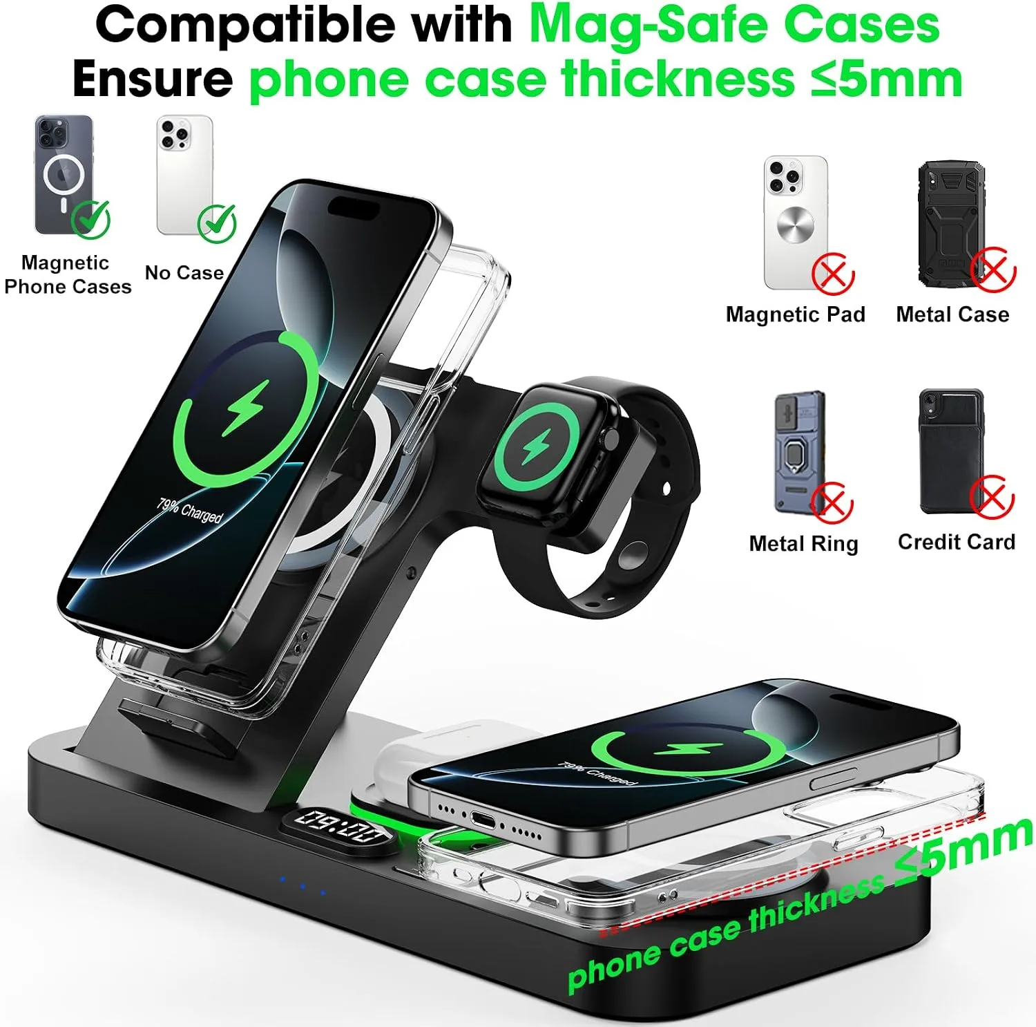 Dual Phone Foldable Wireless Charging Station for Apple, Couple&Family Use