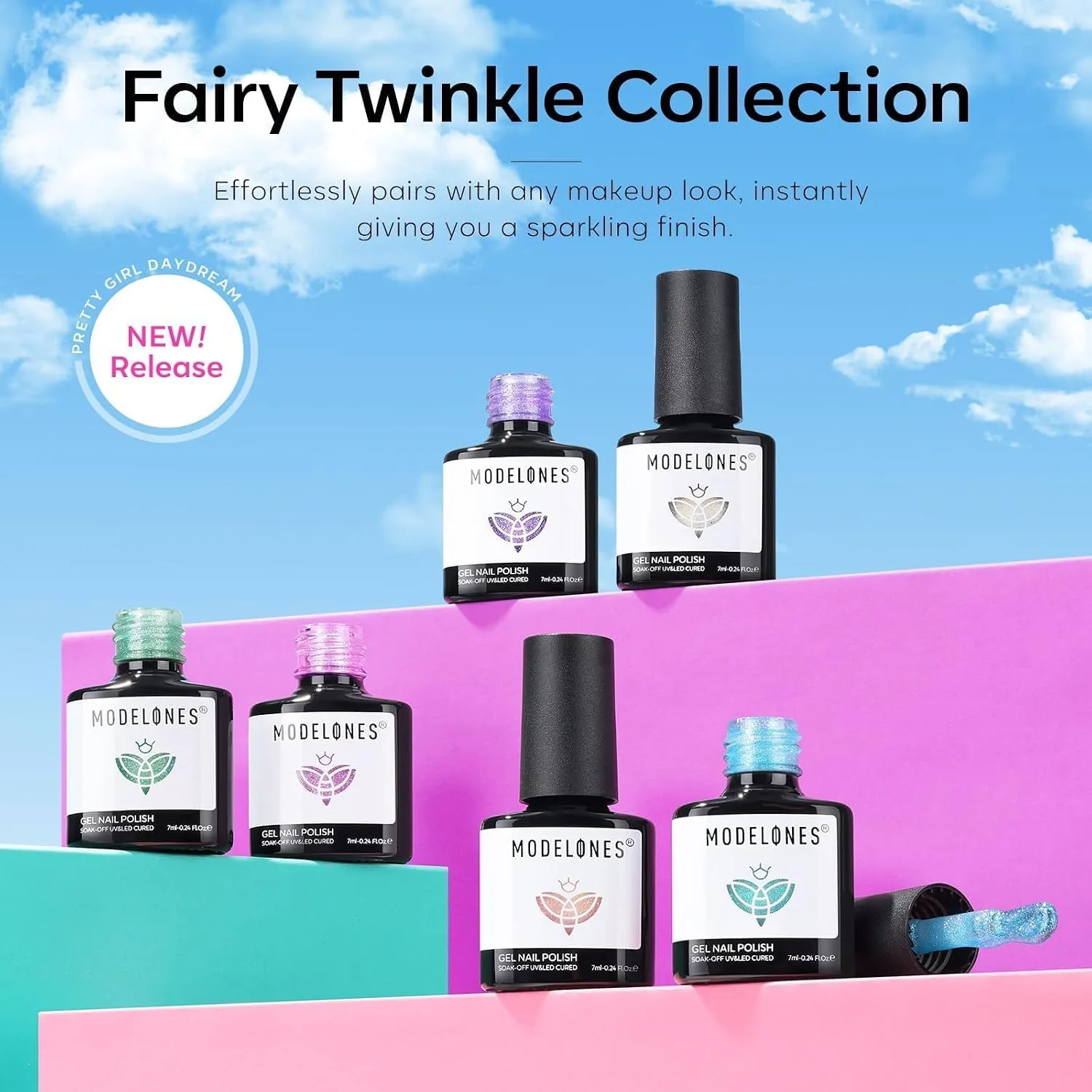 modelones Gel Nail Polish Set Glitter6Colors Pearl Pink Baby Blue Purple