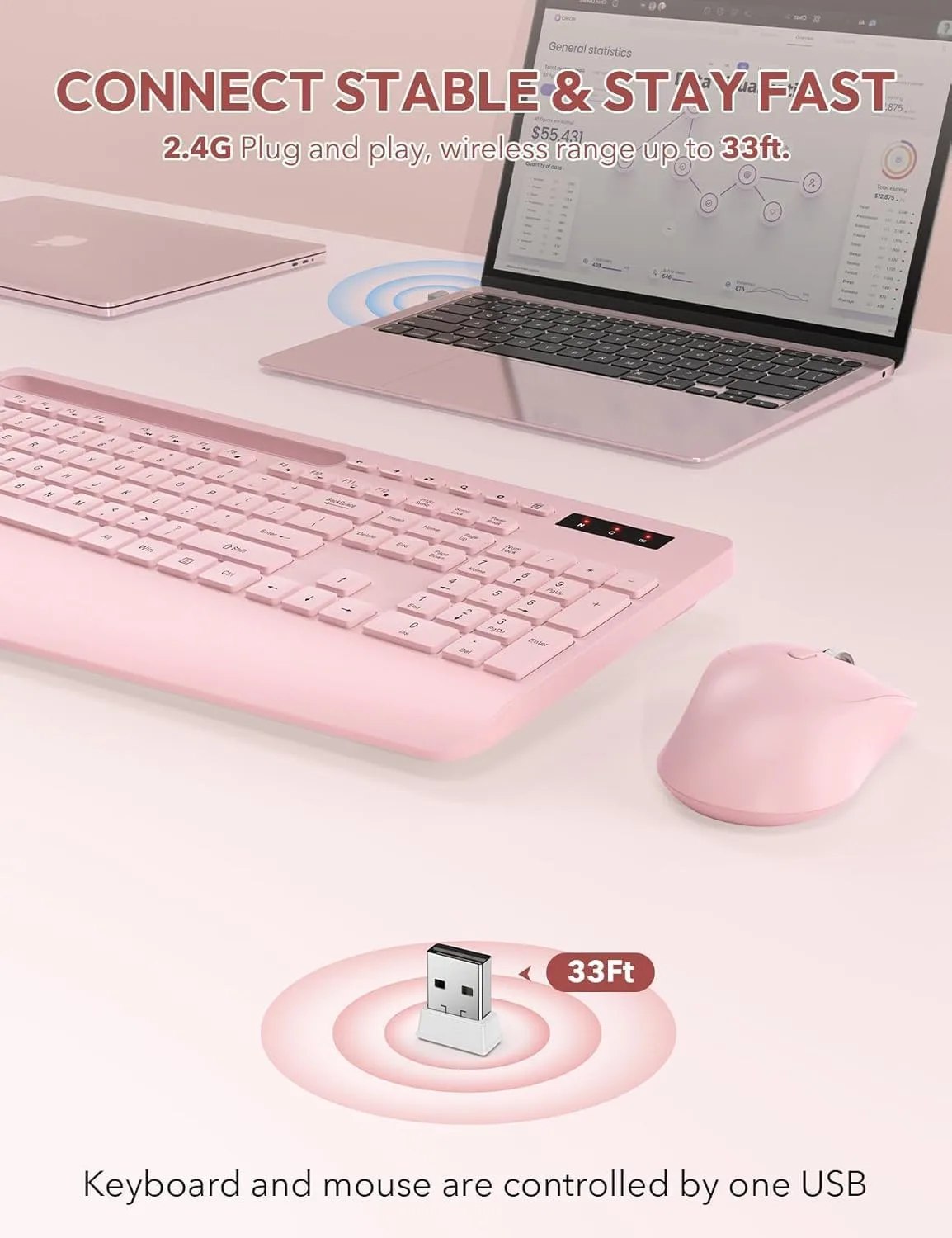 SABLUTE Wireless Keyboard and Mouse Combo, Full Size, Ergonomic Wrist Rest