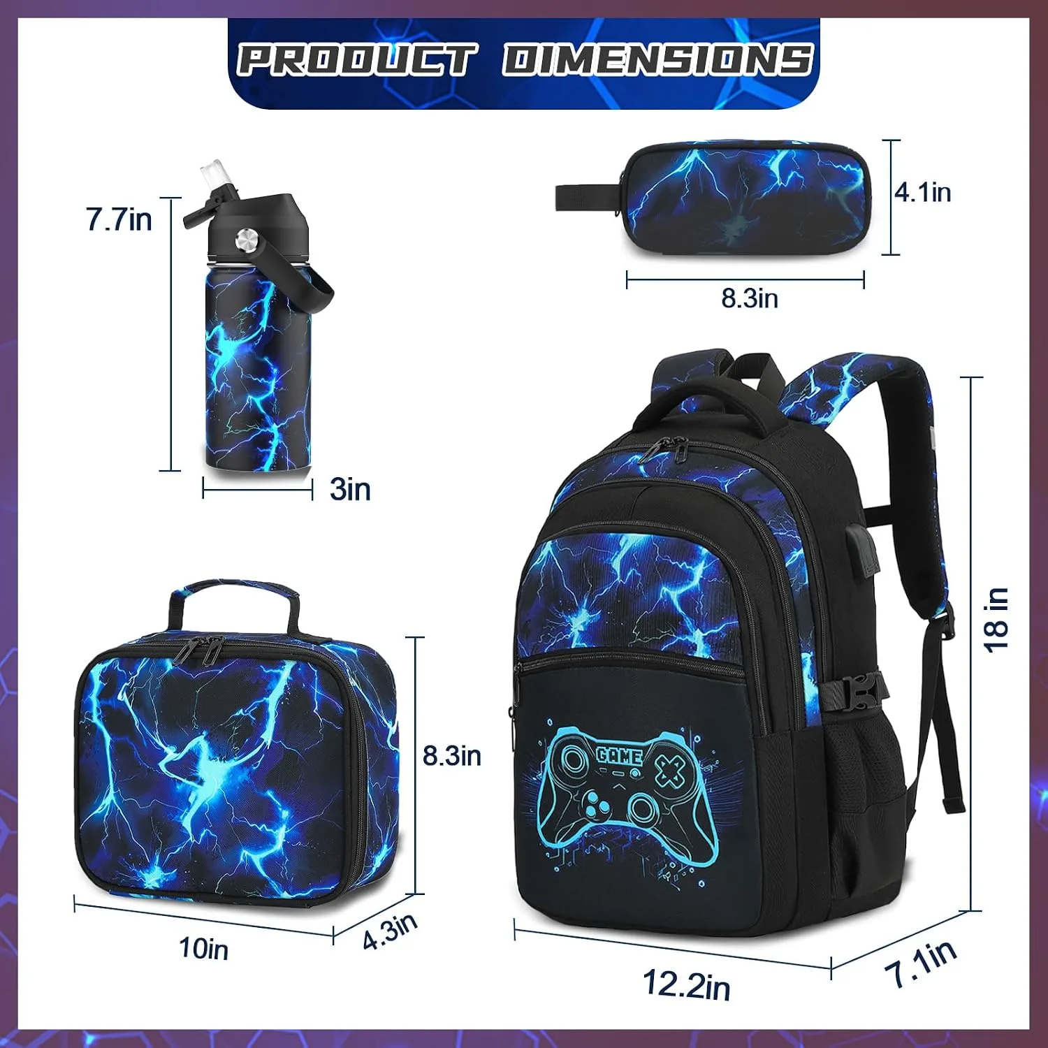 DIGOBAY Boys Backpack for School, 6PCS Cool Luminous Gamer Backpack for Boys with 14oz Insulated Water Bottle Lunch Box Pencil Case, Kids Backpacks Bookbag for Teen Boys Elementary Middle High School
