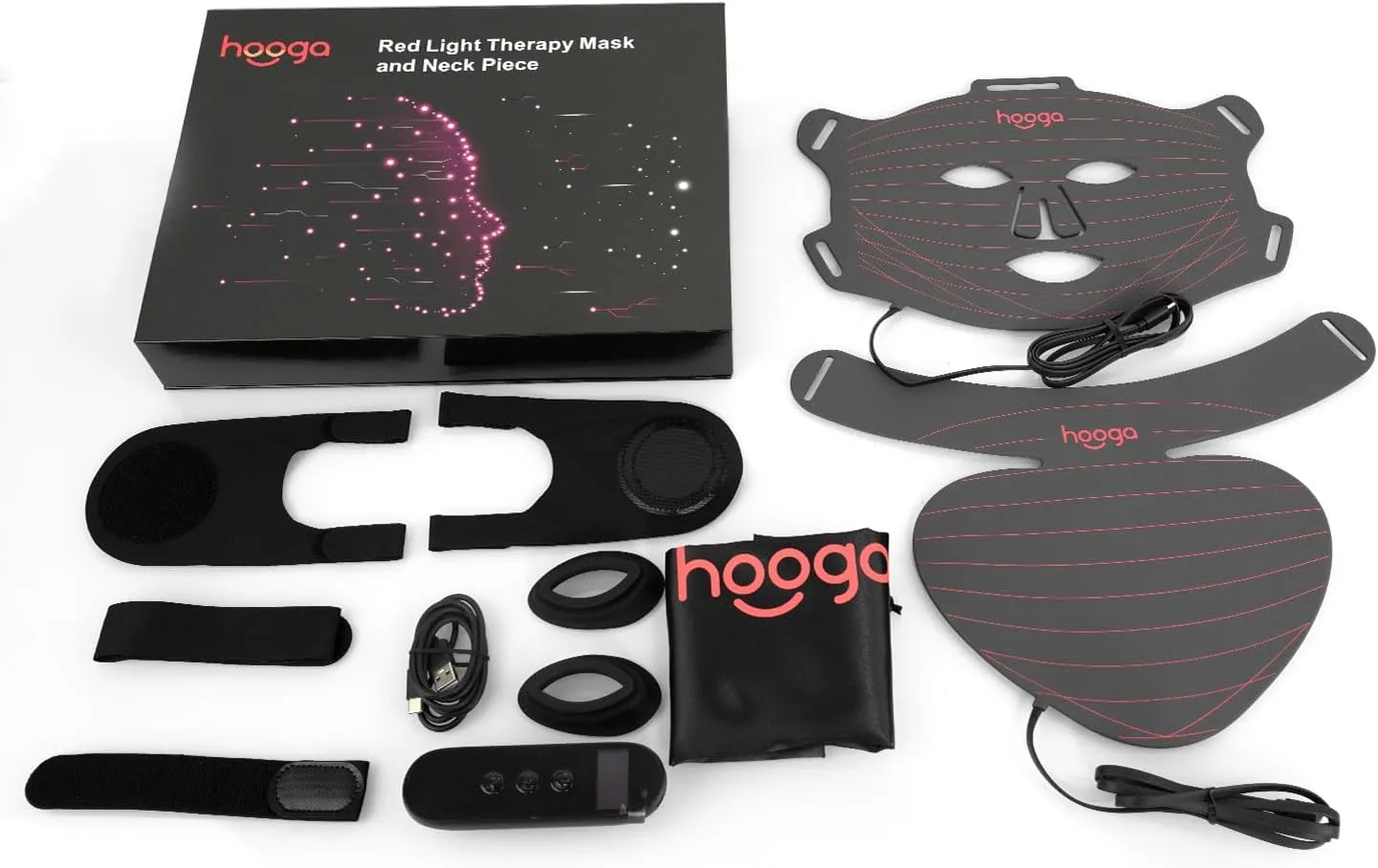 Hooga Red Light Therapy Mask – LED Face & Neck Light Therapy Mask Set, 630nm 660nm Red & 850nm Near Infrared, Tri Chip LEDs, Rechargeable, Adjustable Comfortable Fit