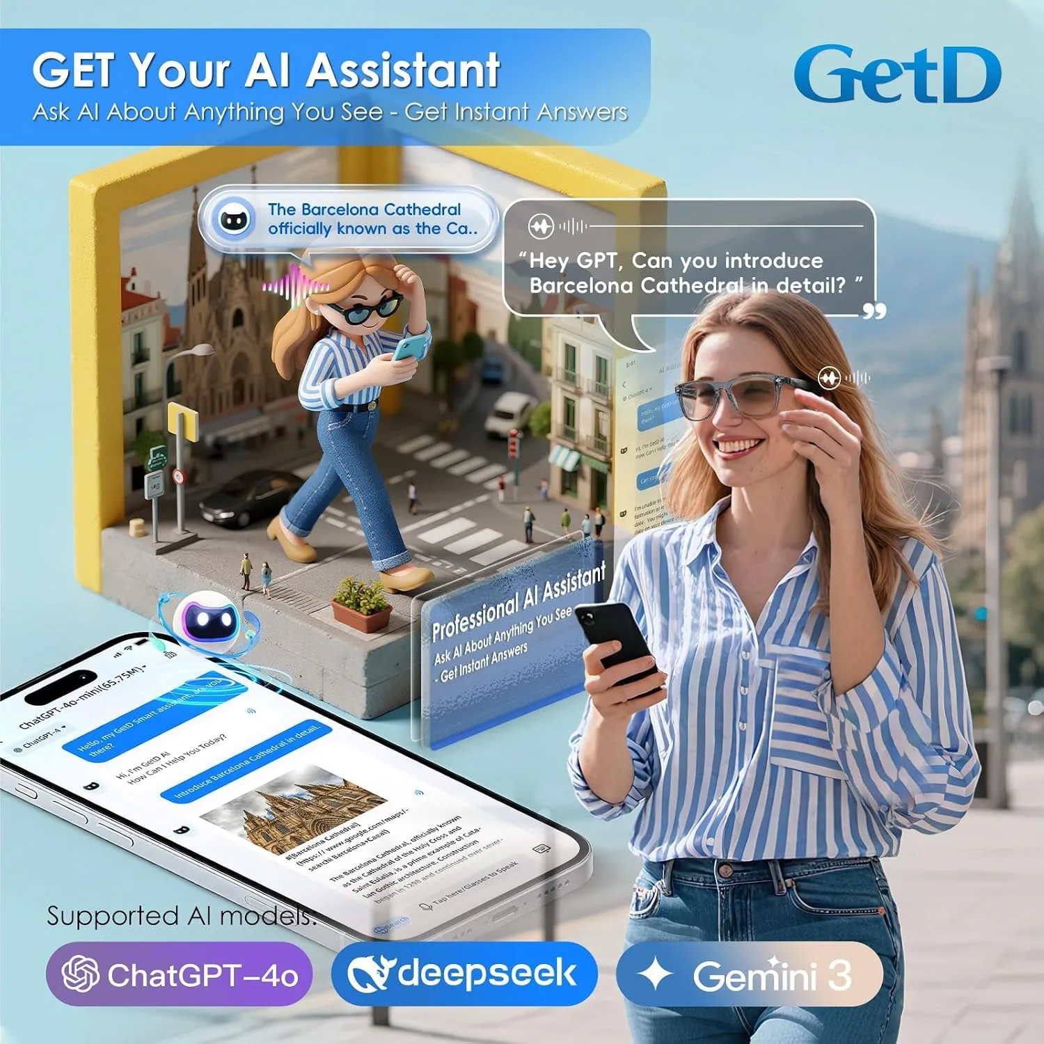 GetD AI Glasses, Smart Glasses Powered by ChatGPT, Real-Time AI Translation