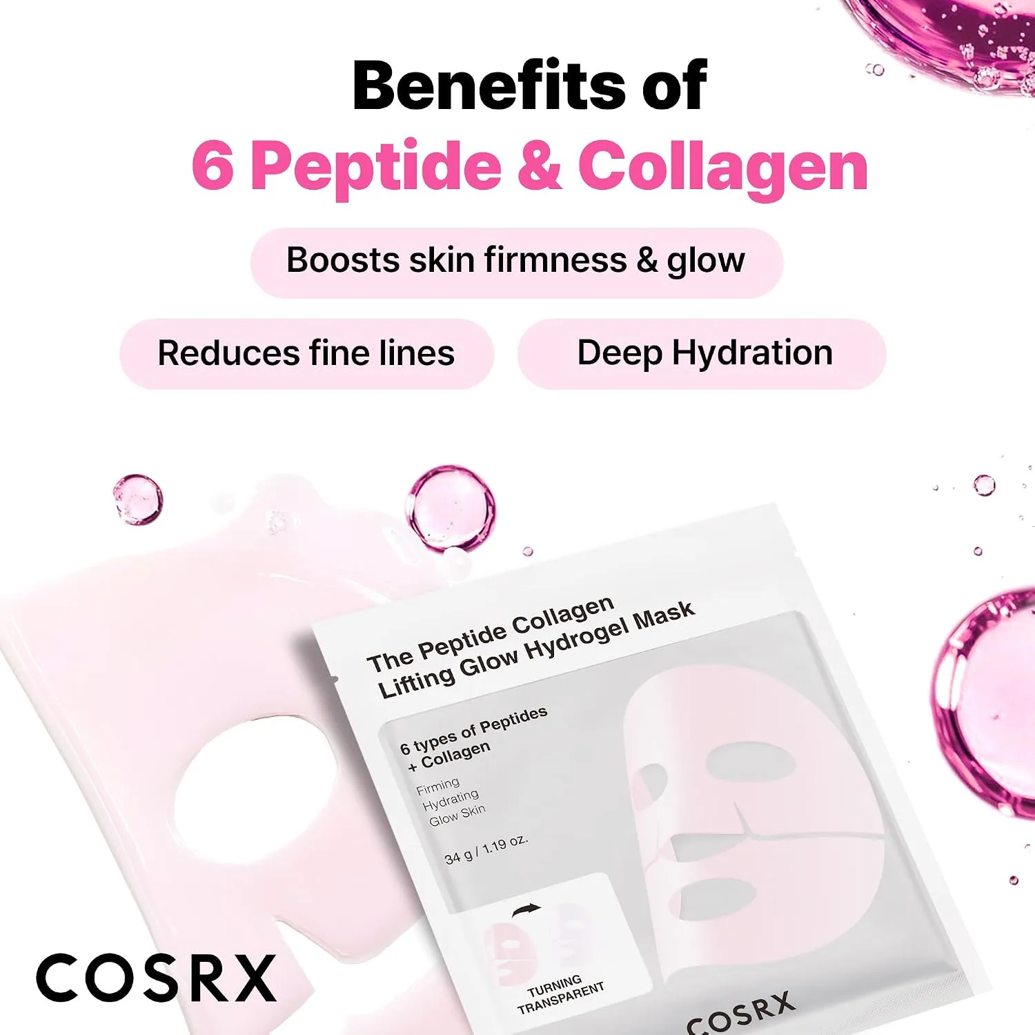 COSRX Pink Peptides Collagen Lifting Glow Hydrogel Face Masks 3 EA