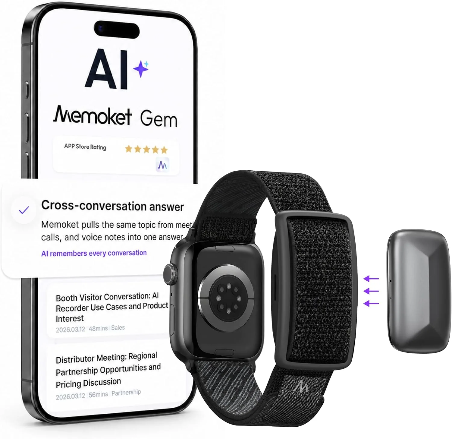 Grabadora de voz Memoket Gem AI compatible con Apple Watch