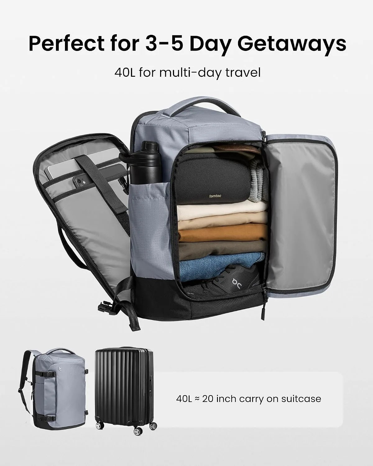 tomtoc Travel Backpack 40L, TSA Carry On Bag Flight Approved, PFAS Free