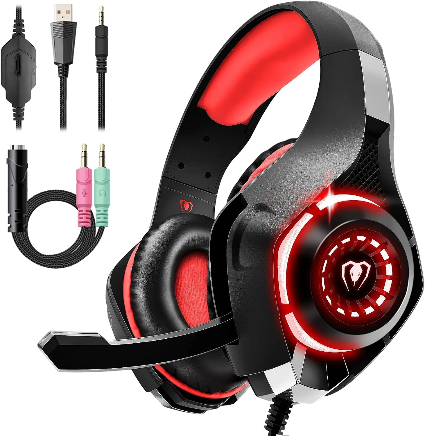 Tatybo Gaming Headset for PS5 PC, Noise Canceling Mic, RGB, Black Red