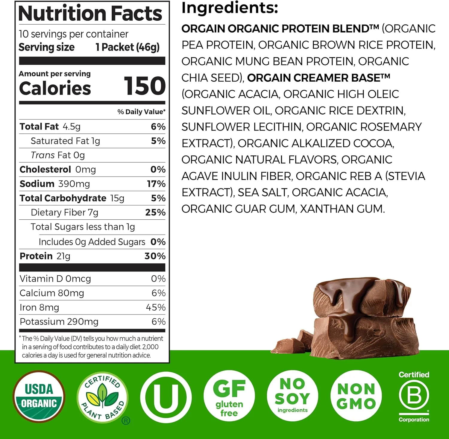 Orgain Organic Vegan 21g Protein Powder, Chocolate Fudge, 10 Travel Packs