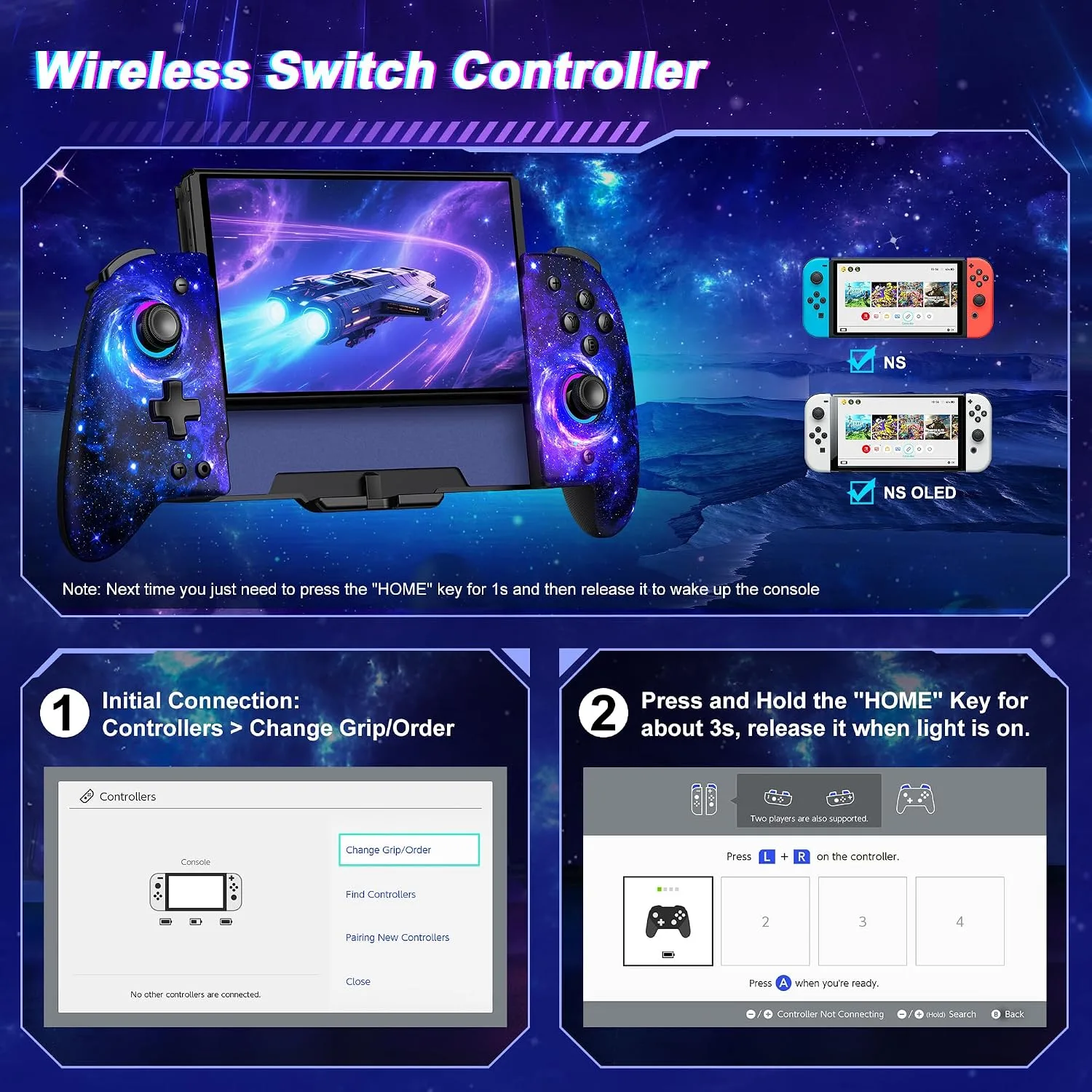 Gammeefy Switch Controller – Hall Effect Joysticks & Enhanced Grip – One Piece Switch Joypad Replacement Switch Pro Controller with 8-Color RGB Lighting, Turbo, Macros - Starry Sky, 6.2"/7"