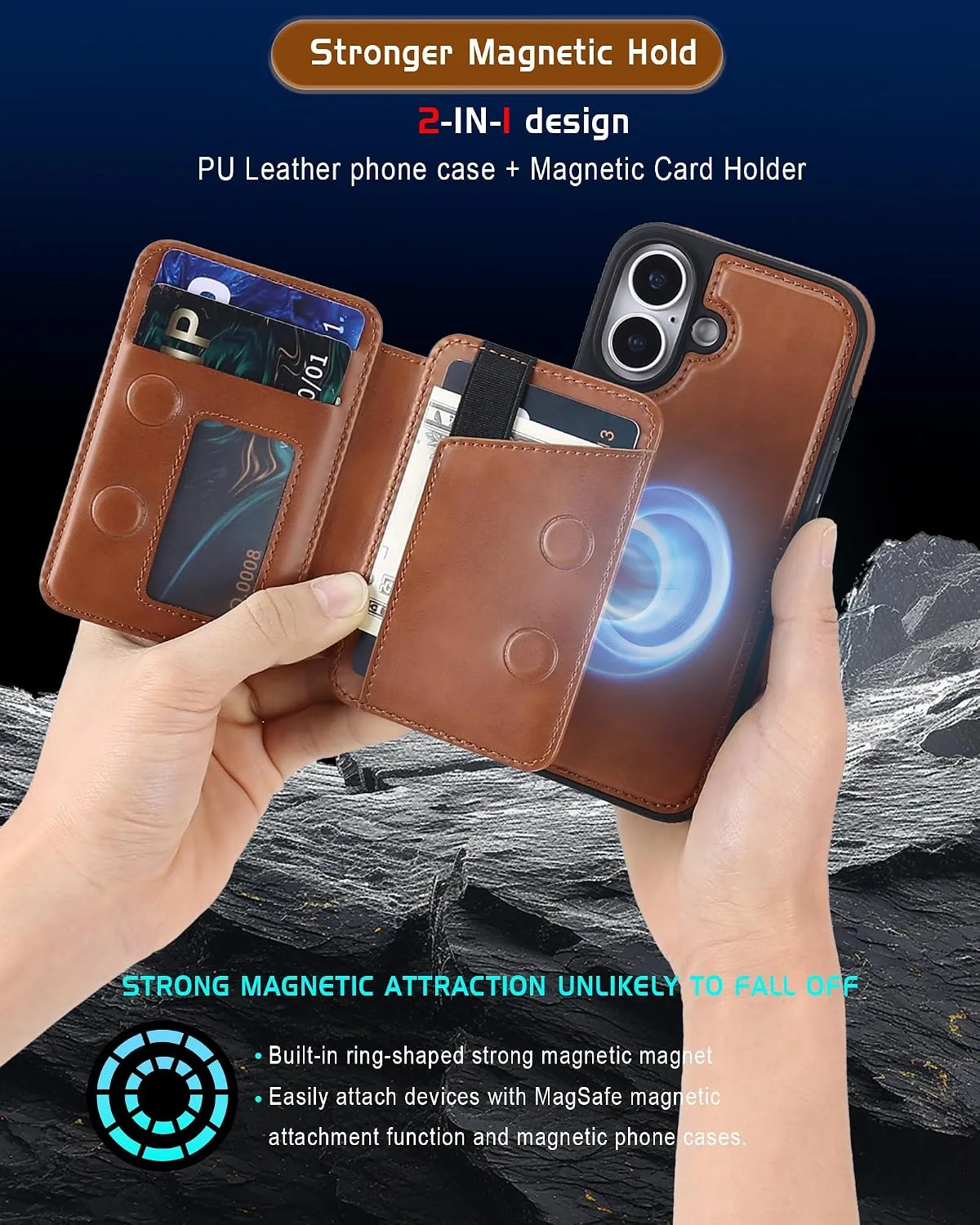 Magnetic Detachable Wallet Case for iPhone 17 with Kickstand,2-in-1 MagSafe Compatible RFID Blocking Card Holder,Slim PU Leather Cover Brown