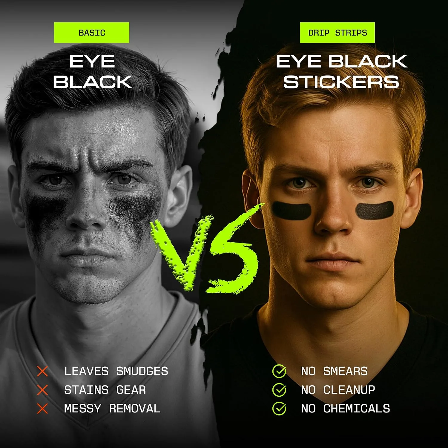 DRIP Strips Pro-Grade Eye Black Stickers, 24 Pairs, Natural Flex & Stretch Eye Black Face Strips, Breathable, Sweat-Proof, Eye Black Baseball, Softball, Football, Lacrosse, Green Flash OG Strips