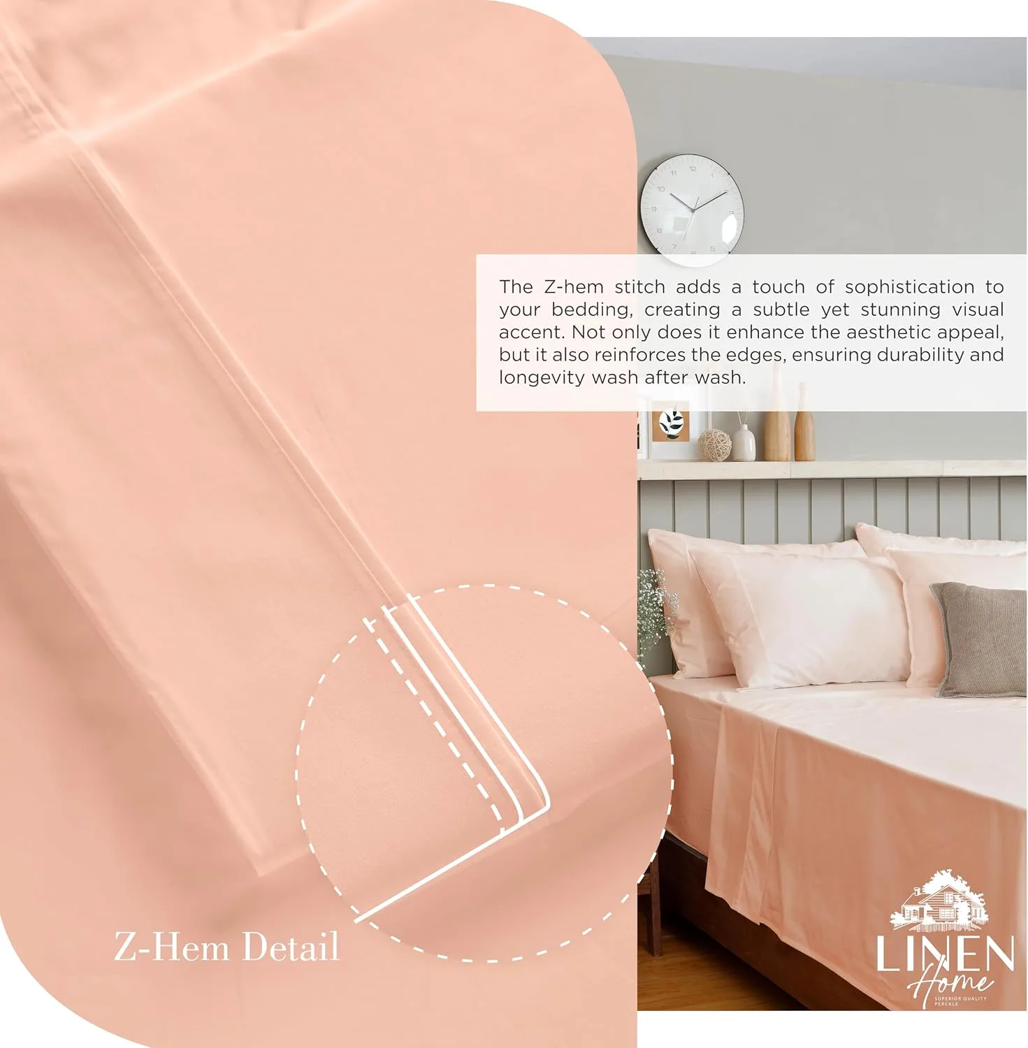 Linen Home 100% Cotton Percale King Sheets, 4Pc Cooling Set Tropical Peach