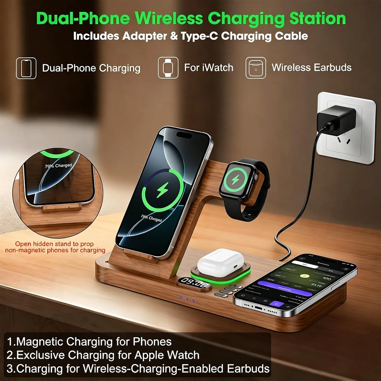 Dual Phone Foldable Wireless Charging Station for Apple, Couple&Family Use