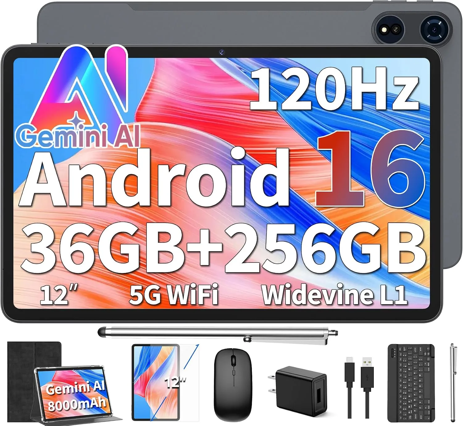 2026 Android 16 Tablet 12 inch - 36GB+256GB+2TB Expand, Gemini AI (Black)