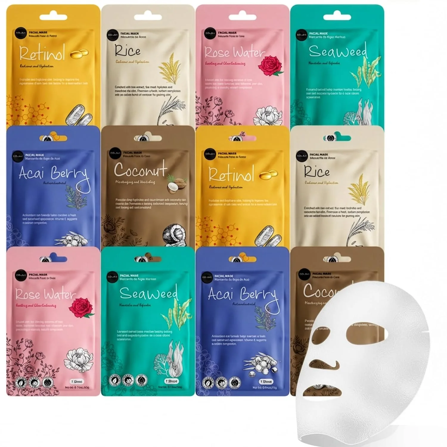 Celavi Korean Face Mask Sheet Set, Spa Masks, 12 Pack Rice